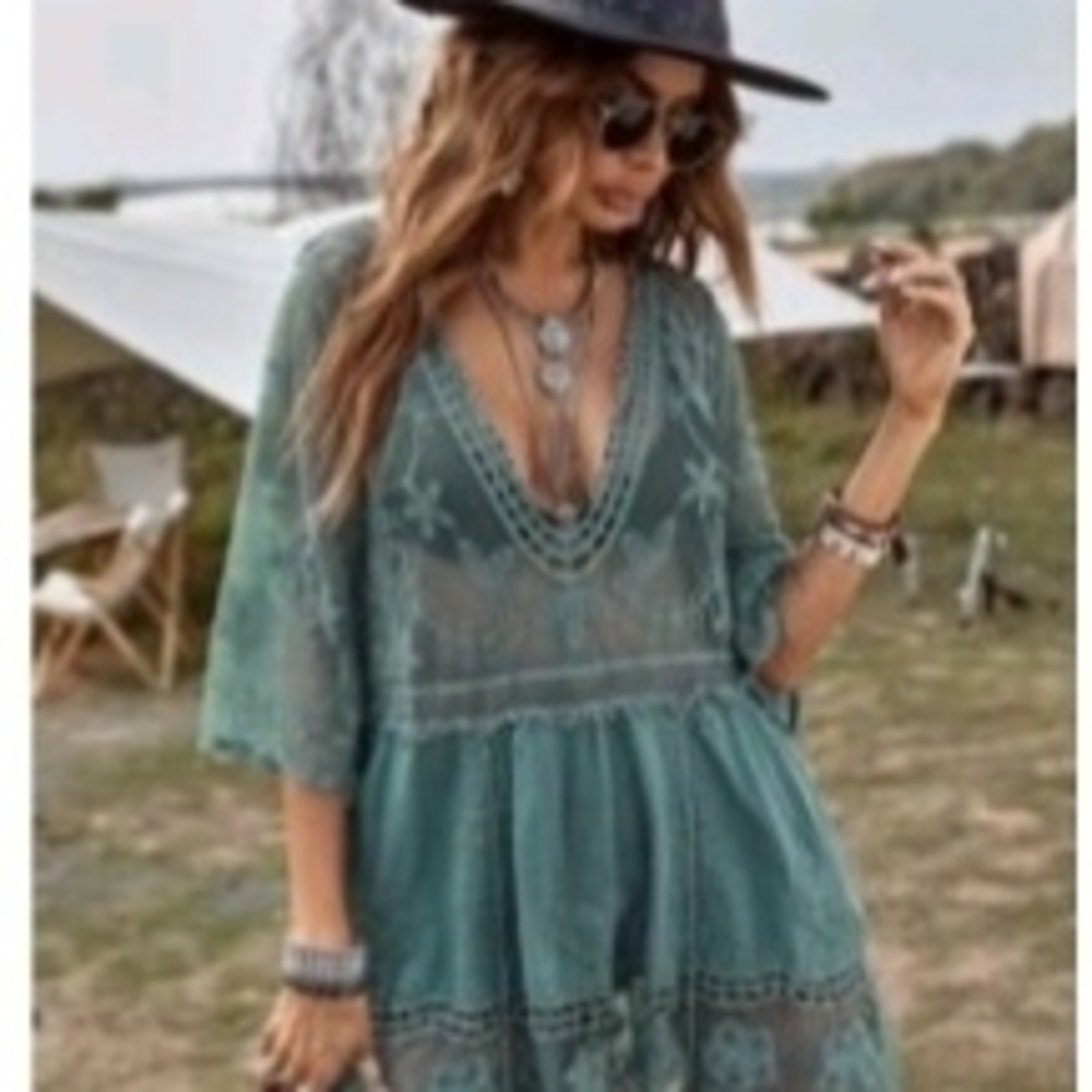 Green Boho Lace Cover Up Dress